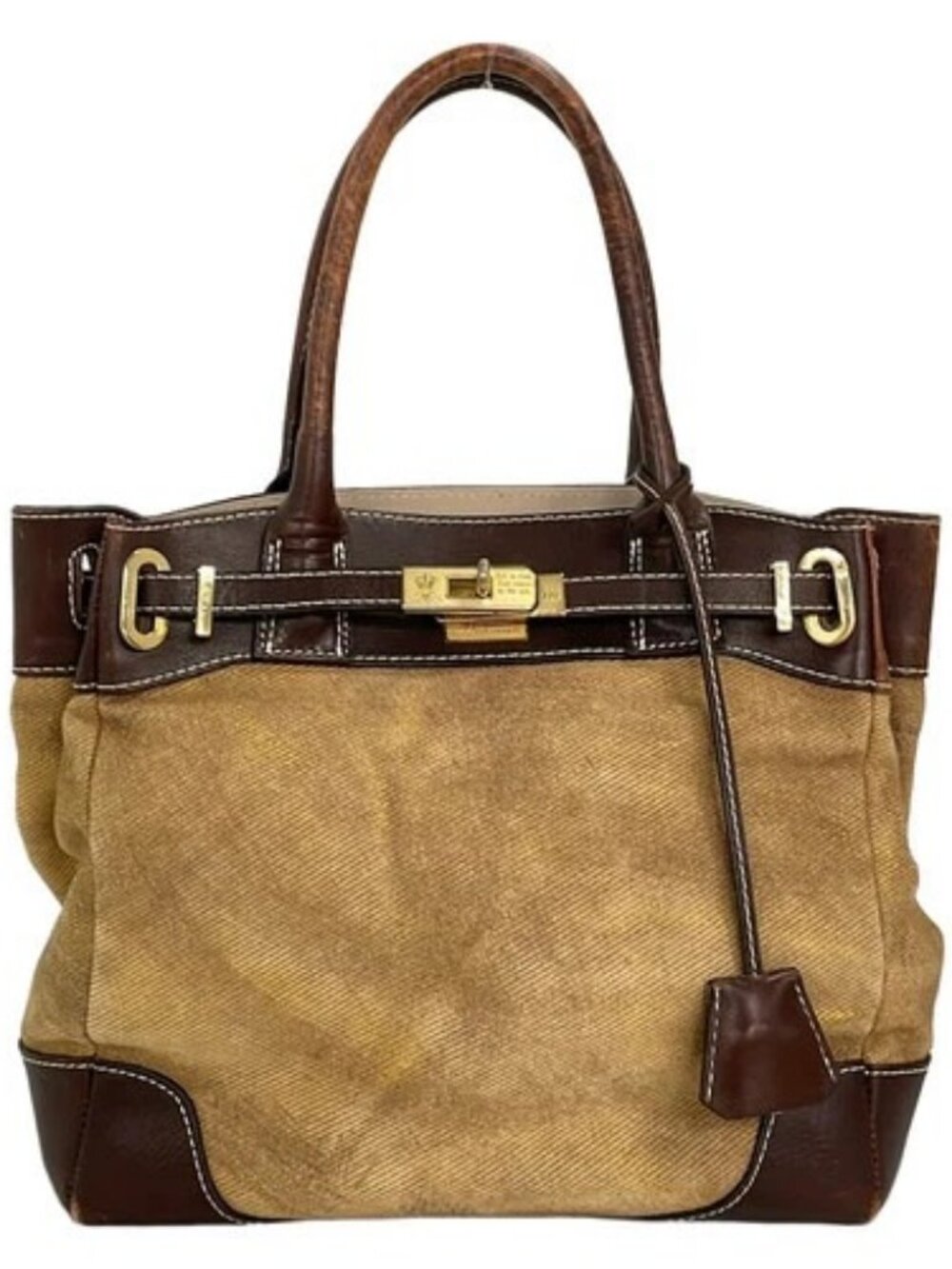 Accessoires Beige Dark Brown Canvas Leather Handbag